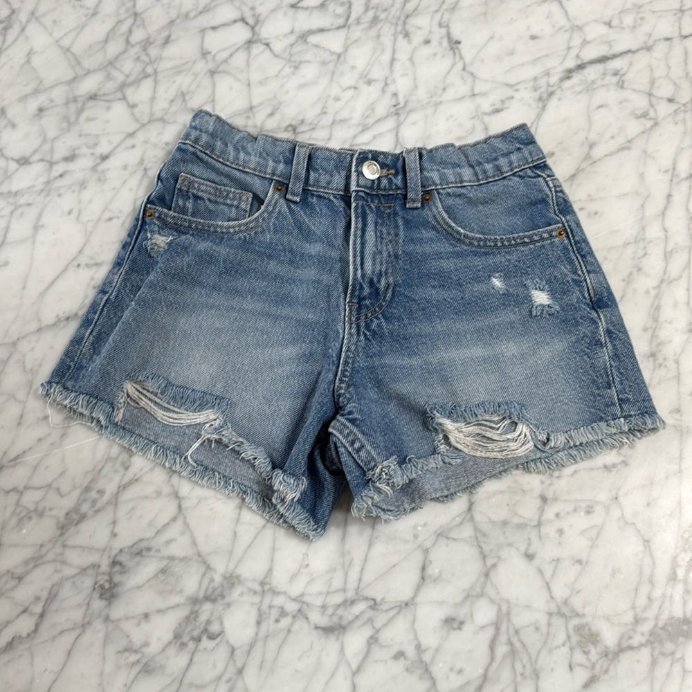 Zara Girls Short Blue Denim Frayed Hem Snap Front Distressed Sz 11/12